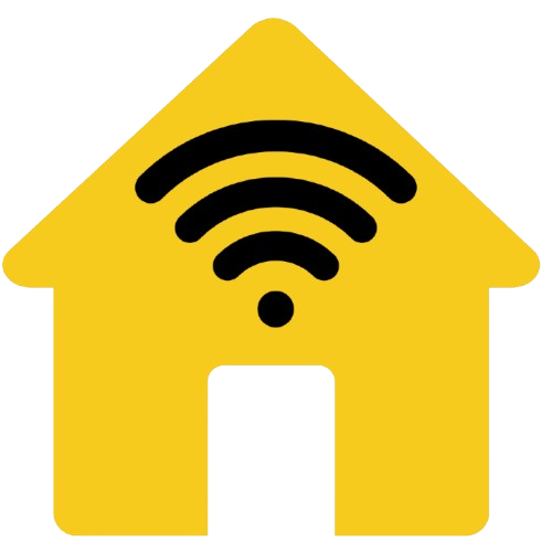 gelbes Haus mit schwarzem W-Lan Symbol als Zeichen für Smarthome